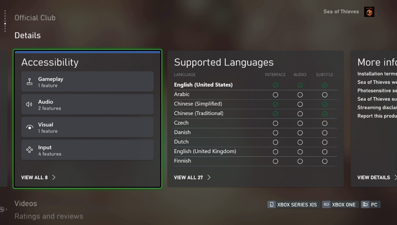 Sea of Thieves Accessibility Feature Tag Detail page
